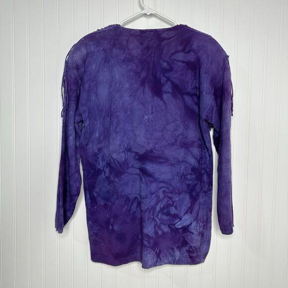 Vtg Art Express Purple Tie Dye Knit Sweater One Size Fringe 80s Statement USA - Picture 2 of 13